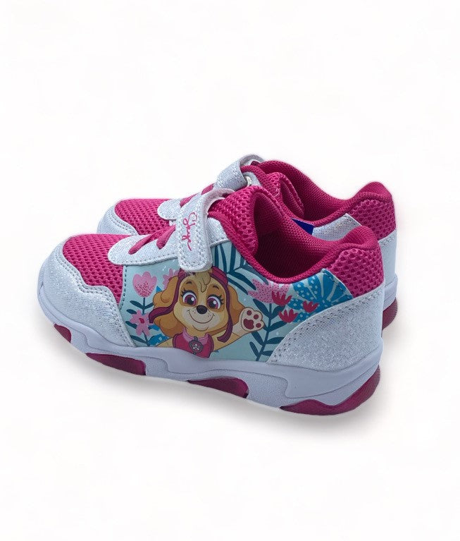 Basket éclairante Paw Patrouille rose et blanche à scratch pour Enfant