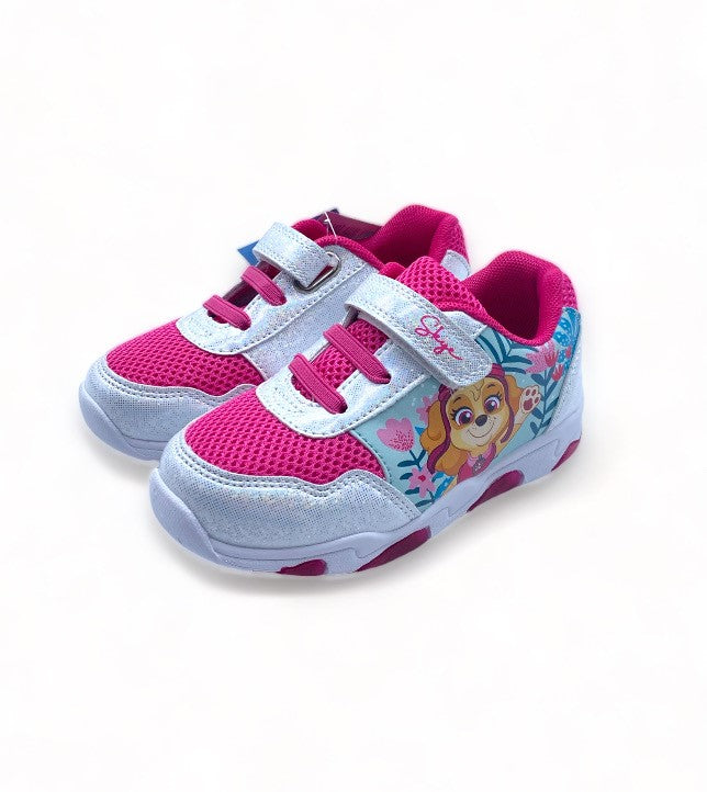 Basket éclairante Paw Patrouille rose et blanche à scratch pour Enfant