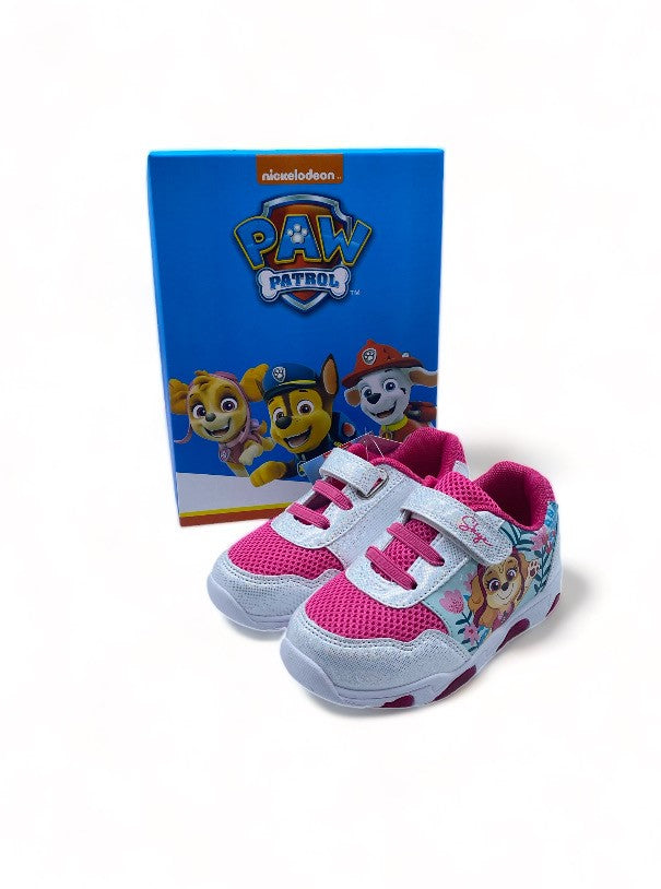 Basket éclairante Paw Patrouille rose et blanche à scratch pour Enfant