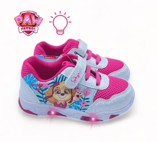 Basket éclairante Paw Patrouille rose et blanche à scratch pour Enfant
